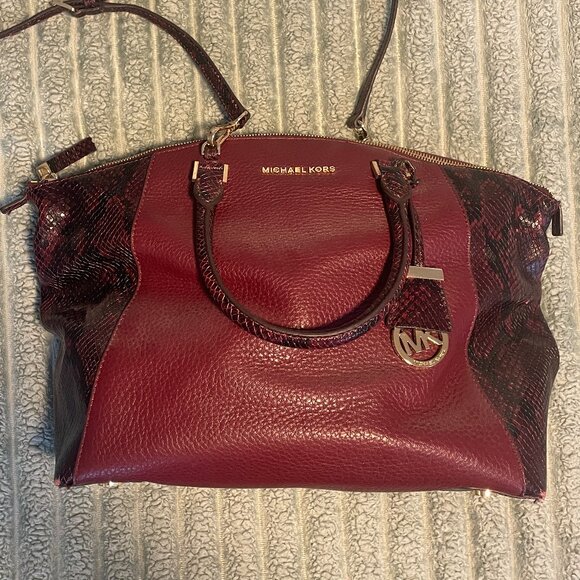 Michael Kors Riley Satchel Handbag - Maroon and Python - Picture 1 of 9